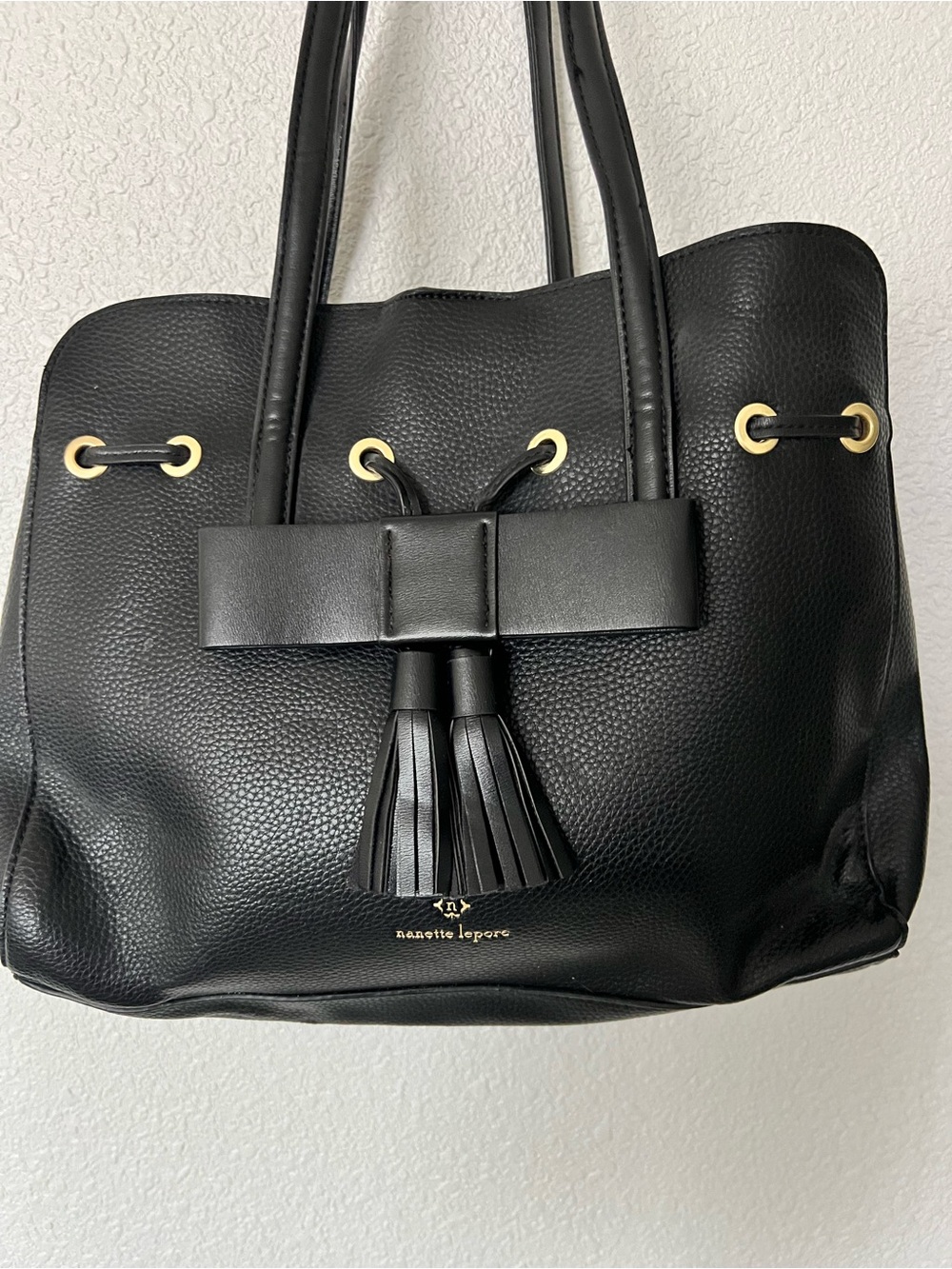 Nanette Lepore Black Pebbled Shoulder Tote with Bow Tassel